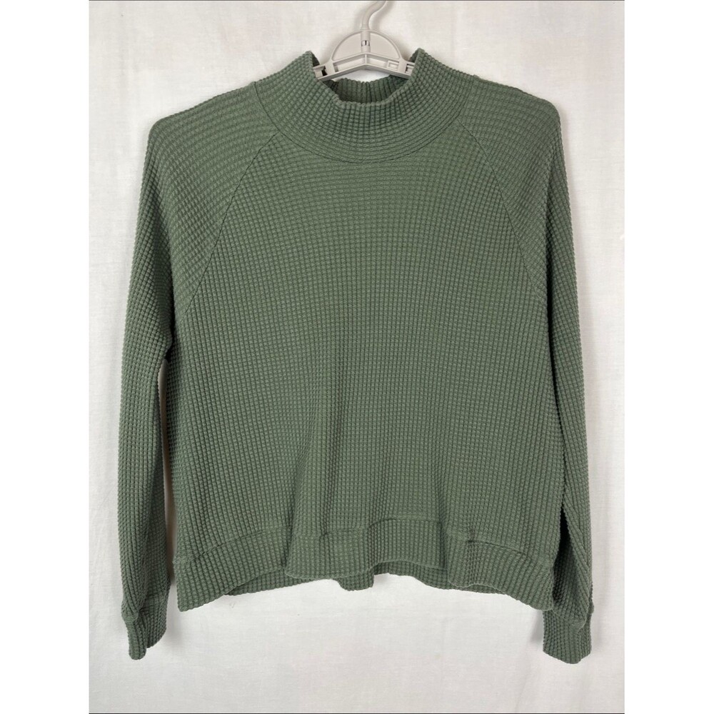 The North Face Olive Green Waffle Knit Cotton Long Sleeve Mock Neck Shirt